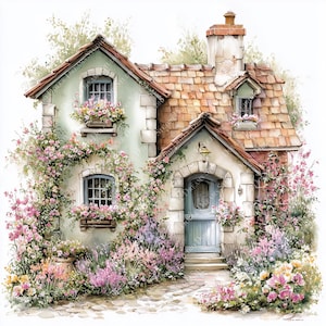 May include: Watercolor painting of a charming cottage with a red-tiled roof and stone walls. The cottage is adorned with climbing pink flowers, window boxes overflowing with blooms, and a blue door. A stone path leads to the entrance.