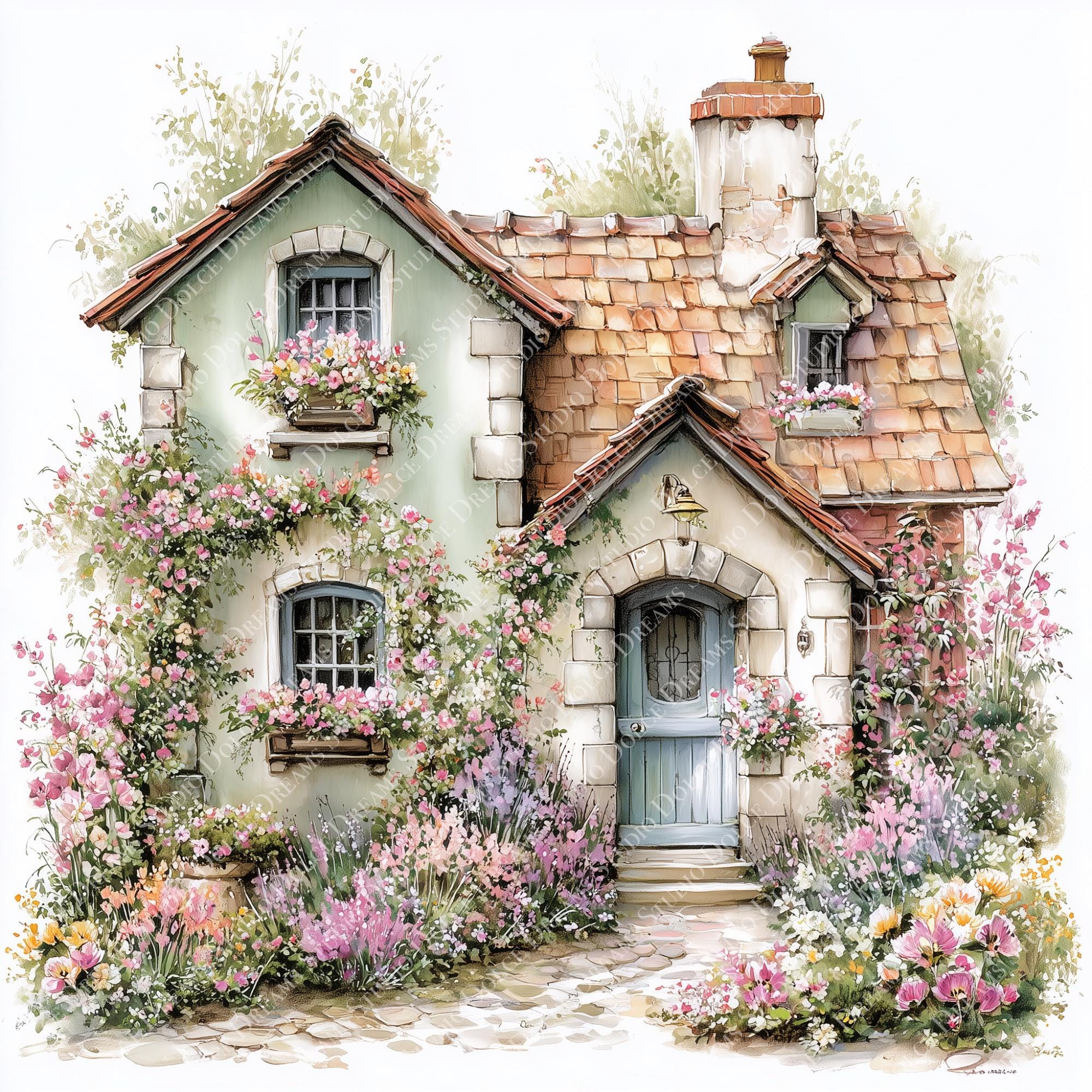 Animation Spring Whit Home 31 Spring Cottage Houses Clipart Bundle, Watercolor Storybook Homes ...