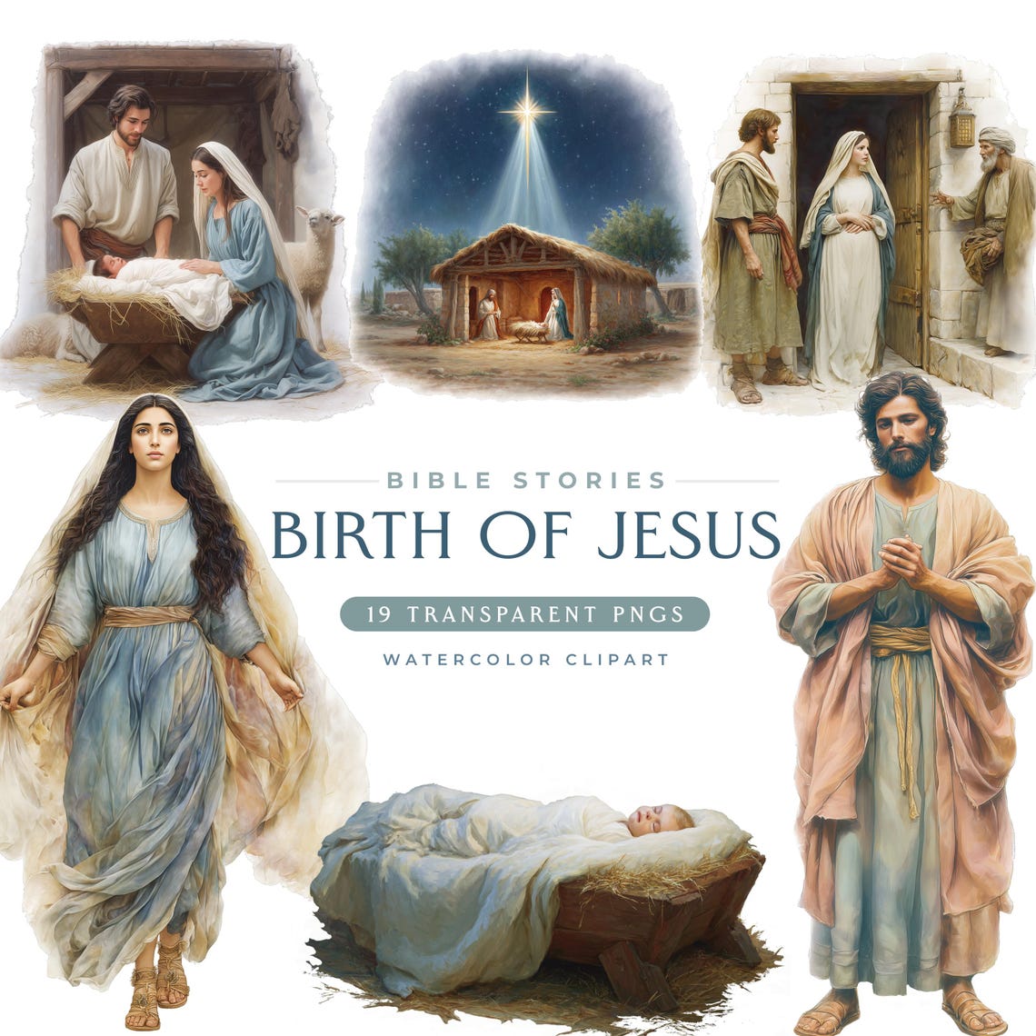19 Nativity Clipart, Birth of Jesus Story, Printable Watercolor Clipart ...