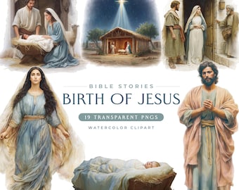 19 Nativity Clipart, Birth of Jesus Story, Printable Watercolor clipart, High Quality PNGs, Digital download, Paper craft, junk journal