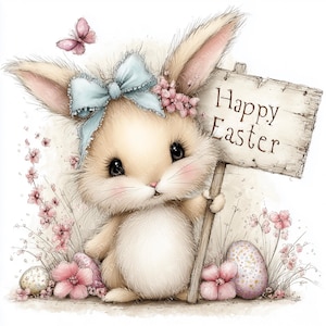 May include: A watercolour illustration of a charming bunny holding a wooden sign that reads "Happy Easter." The bunny features a blue bow, pink flowers, and is surrounded by Easter eggs and pink blossoms. A pink butterfly is in the background.