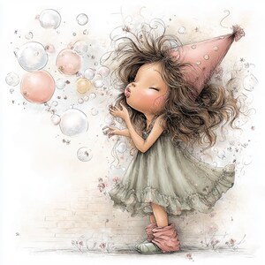May include: An illustration of a young person blowing bubbles. The person is wearing a light green dress, pink boots, and a pink party hat. The bubbles are various sizes and colors, including pink and white. The background is a light-colored brick wall.