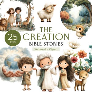 Könnte beinhalten: Aquarell-Clipart-Set mit Illustrationen von biblischen Geschichten. Das Bild enthält Charaktere, Tiere und Szenen aus der Bibel, wie Adam und Eva, ein Lamm und ein Reh. Der Text "The Creation Bible Stories" ist ebenfalls enthalten.