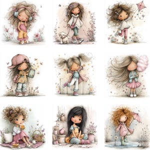 May include: A collection of nine watercolor illustrations of young girls in various poses. Each girl has large eyes and long hair, and is dressed in different outfits. Some are holding objects like a kite, a dog, or a cotton candy. The illustrations have a soft, pastel color palette.