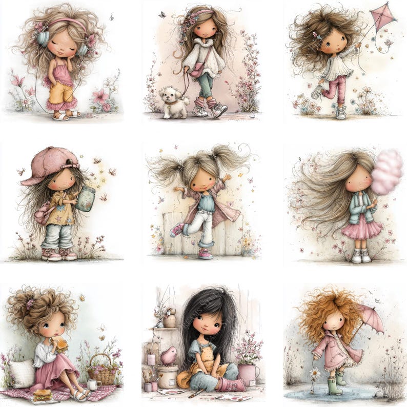 May include: A collection of nine watercolor illustrations of young girls in various poses. Each girl has large eyes and long hair, and is dressed in different outfits. Some are holding objects like a kite, a dog, or a cotton candy. The illustrations have a soft, pastel color palette.