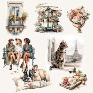 May include: Watercolor illustrations of Parisian scenes. Includes a balcony with flowers, a flower cart, a bouquet, three women on a bench, a cat by a window with the Eiffel Tower, a dog on a pillow, and a cheese and wine arrangement.