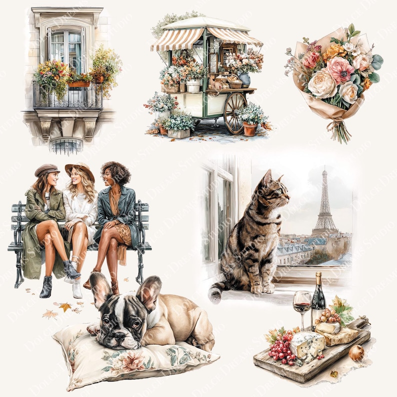 May include: Watercolor illustrations of Parisian scenes. Includes a balcony with flowers, a flower cart, a bouquet, three women on a bench, a cat by a window with the Eiffel Tower, a dog on a pillow, and a cheese and wine arrangement.