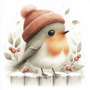 Può includere: Illustrazione ad acquerello di un affascinante pettirosso con un cappello arancione lavorato a maglia con un pompon. L'uccello è appollaiato su una staccionata di legno innevata, con ramoscelli di bacche e foglie. L'immagine ha un aspetto morbido e invernale.