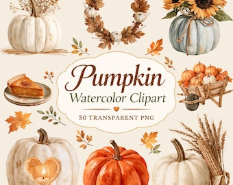 50 Pumpkin Watercolor Clipart, Autumn Harvest PNG Bundle, Fall Pumpkin Sublimation, Cottagecore Pumpkin Clipart, Commercial Use