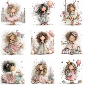 May include: Nine watercolor illustrations of adorable girls, each with unique hairstyles and outfits, celebrating birthdays. The girls are holding balloons, gifts, and birthday cakes. The color palette includes soft pinks, blues, and pastels.