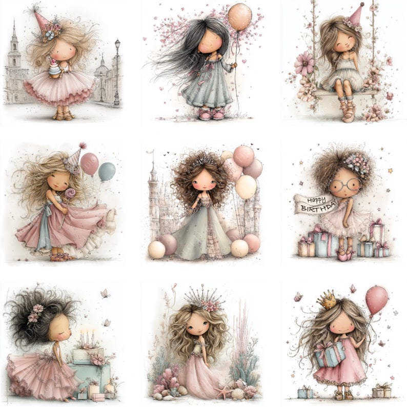 May include: Nine watercolor illustrations of adorable girls, each with unique hairstyles and outfits, celebrating birthdays. The girls are holding balloons, gifts, and birthday cakes. The color palette includes soft pinks, blues, and pastels.