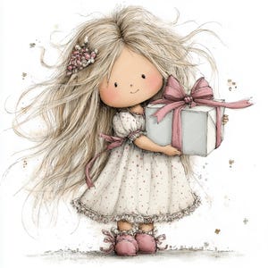May include: Illustration of a girl with long blonde hair holding a white gift box tied with a pink bow. She wears a white dress with pink polka dots and pink shoes. The image has a soft, watercolor style.
