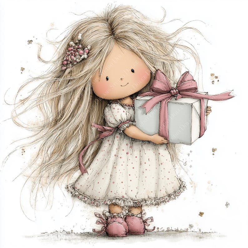 May include: Illustration of a girl with long blonde hair holding a white gift box tied with a pink bow. She wears a white dress with pink polka dots and pink shoes. The image has a soft, watercolor style.