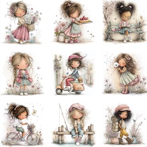 May include: A collection of nine watercolor illustrations featuring adorable cartoon girls in various settings. The girls are depicted with soft features and are engaged in activities like holding flowers, reading, riding a scooter, and fishing. The color palette is soft, with pinks, greens, and browns.