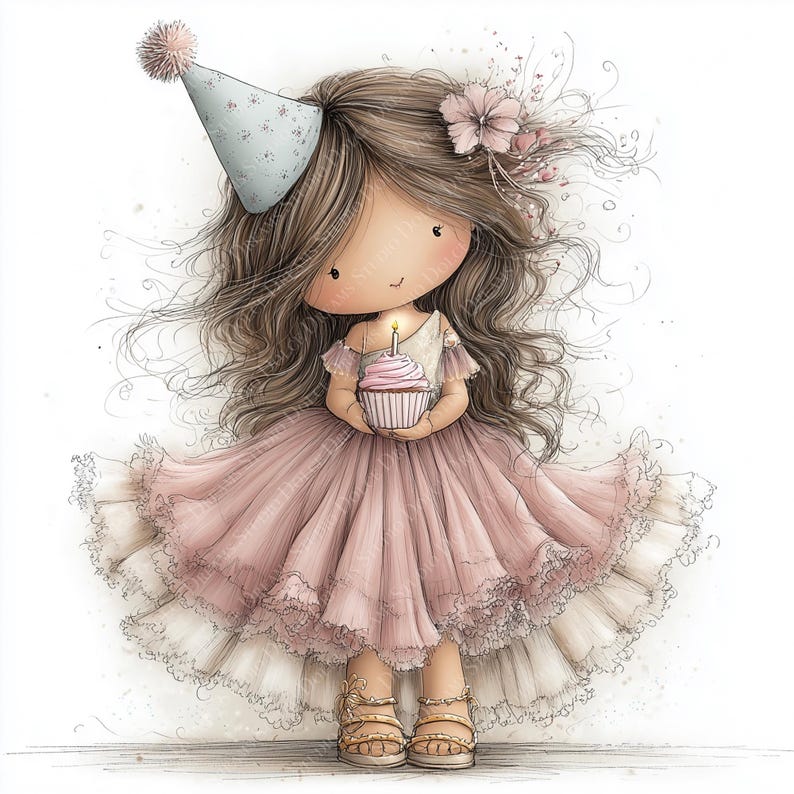 May include: A watercolor illustration of a doll-like figure in a pink dress holding a cupcake with a lit candle. The figure wears a party hat and has long brown hair. The dress has a layered skirt with lace trim, and the figure wears gold sandals.