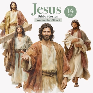 Könnte beinhalten: Aquarell-Clipart mit mehreren Darstellungen von Jesus. Die Bilder zeigen Jesus in verschiedenen Posen, darunter beim Tragen eines Kreuzes und beim Halten eines Lammes. Der Text "Jesus Bible Stories Watercolor Clipart" ist grün.