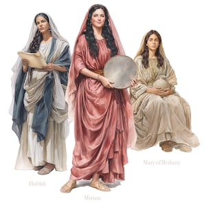 K&ouml;nnte beinhalten: Illustration von drei Frauen in antiker Kleidung. Huldah h&auml;lt eine Schriftrolle, Miriam ein Tamburin und Maria von Bethanien sitzt und h&auml;lt einen Krug. Die Frauen tragen flie&szlig;ende Gew&auml;nder mit Kopfbedeckungen. Die Farbpalette umfasst Wei&szlig;-, Blau- und Rosat&ouml;ne.