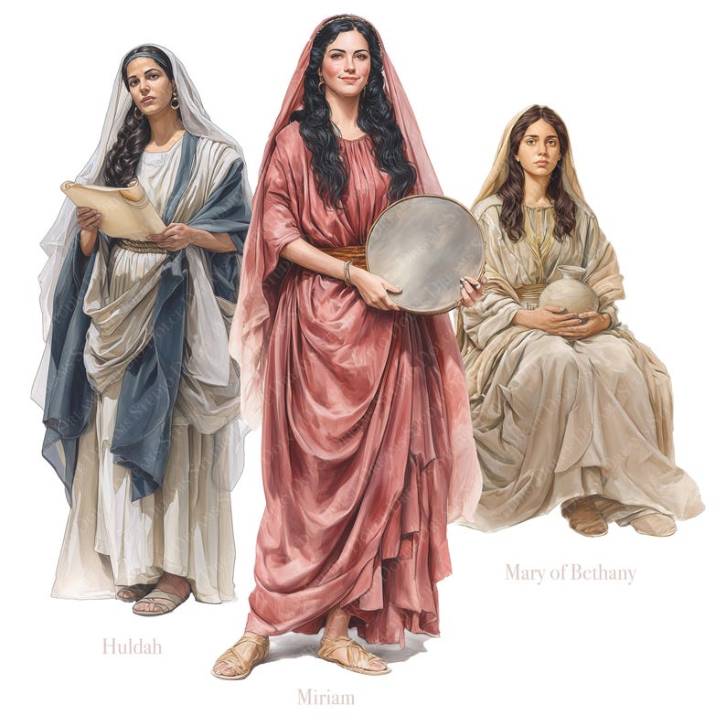 K&ouml;nnte beinhalten: Illustration von drei Frauen in antiker Kleidung. Huldah h&auml;lt eine Schriftrolle, Miriam ein Tamburin und Maria von Bethanien sitzt und h&auml;lt einen Krug. Die Frauen tragen flie&szlig;ende Gew&auml;nder mit Kopfbedeckungen. Die Farbpalette umfasst Wei&szlig;-, Blau- und Rosat&ouml;ne.