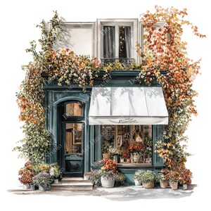 May include: Watercolor illustration of a quaint flower shop with a teal facade, white awning, and lush floral displays. The shop is adorned with climbing vines in autumnal hues. The shop's window displays a variety of colorful flowers in pots.