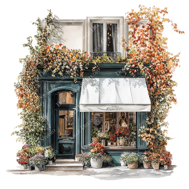 May include: Watercolor illustration of a quaint flower shop with a teal facade, white awning, and lush floral displays. The shop is adorned with climbing vines in autumnal hues. The shop's window displays a variety of colorful flowers in pots.