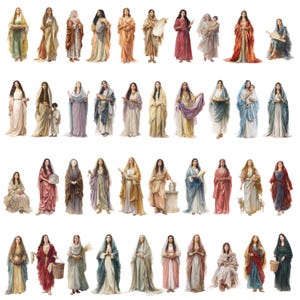 K&ouml;nnte beinhalten: Eine Sammlung von Aquarellillustrationen, die Frauen in flie&szlig;enden Roben darstellen. Die Frauen befinden sich in verschiedenen Posen, einige halten Schriftrollen, Kinder oder Gef&auml;&szlig;e. Die Farbpalette umfasst Erdt&ouml;ne, Blau- und Rott&ouml;ne.