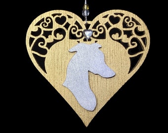 Greyhound Whippet Sighthound Laser Cut Silver & Gold Heart Hound Ornament