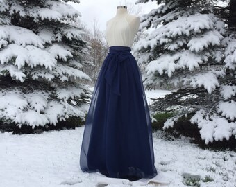 STORM NAVY Chiffon Maxi Skirt, Bridesmaid Skirt, Any Size , Any Length, Any Color. Sash Is Additional Charge.