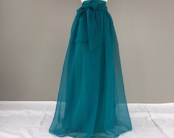 BLUE TEAL Chiffon Maxi Skirt, Bridesmaid Skirt, Any Size , Any Length, Any Color. Sash Is Additional Charge.