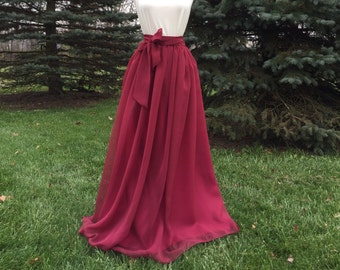 ULTRA BURGUNDY Chiffon Maxi Skirt, Bridesmaid Skirt, Any Size , Any Length, Any Color. Sash Is Additional Charge.