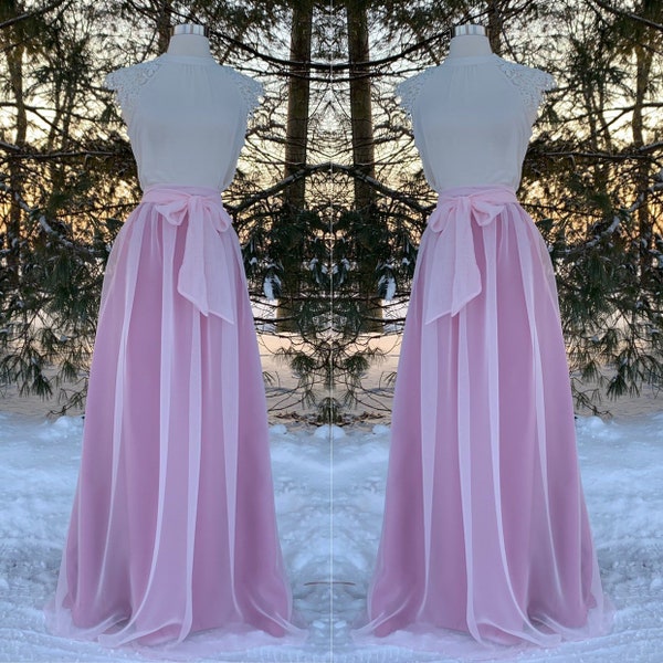 TWO TONED (Ice Pink & Daphne Rose), Chiffon Maxi Skirt, Bridesmaid Skirt, Any Size , Any Length, Any Color. Sash Is Additional Charge.