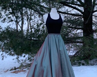 TWO TONED TAFFETA half circle skirt, shown in burgundy/jade, made to order