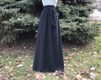 BLACK Georgette Maxi Skirt, Bridesmaid Skirt, Any Size , Any Length, Any Color. Sash Is Additional Charge.