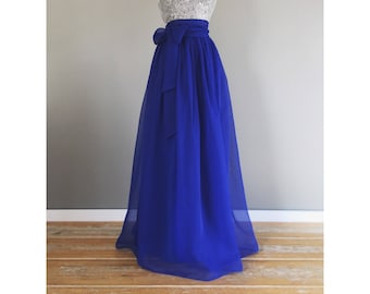 DEEP ROYAL Chiffon Maxi Skirt, Bridesmaid Skirt, Any Size , Any Length, Any Color. Sash Is Additional Charge.