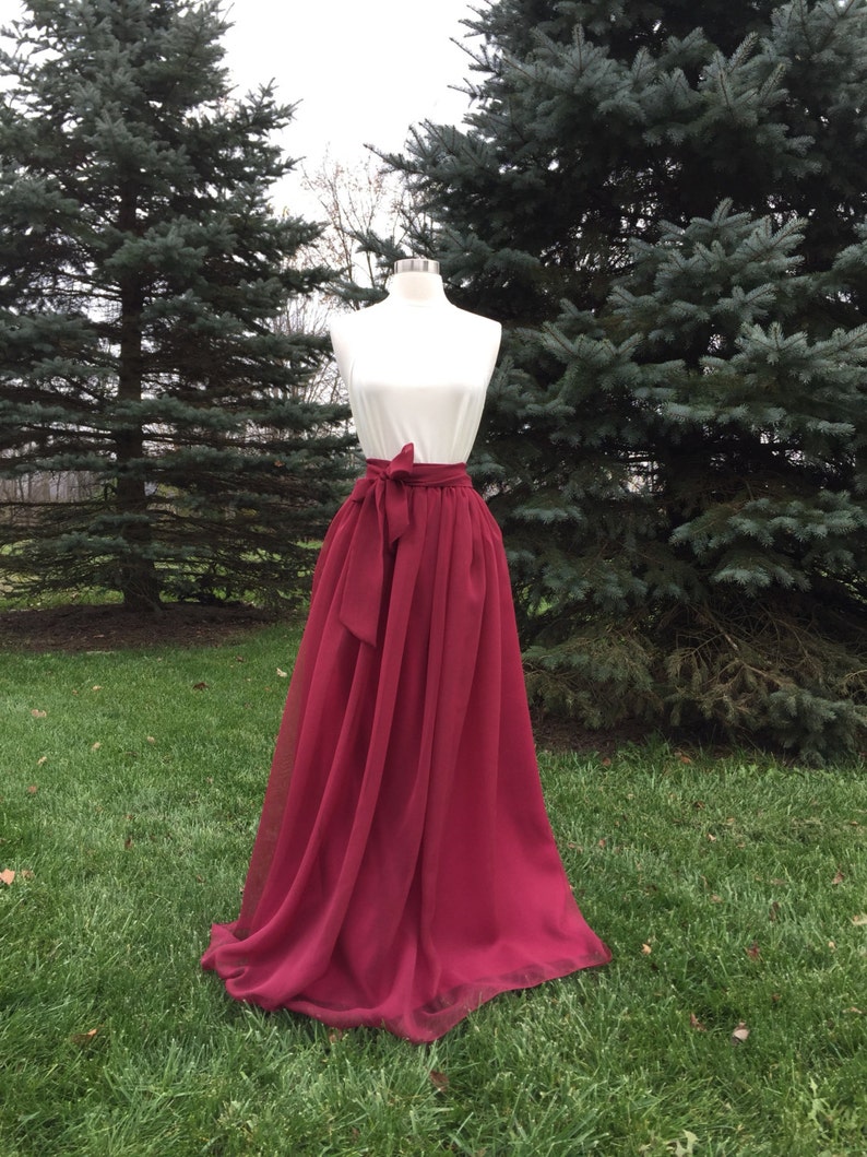 ULTRA BURGUNDY Chiffon Maxi Skirt, Bridesmaid Skirt, Any Size , Any Length, Any Color. Sash Is Additional Charge. image 1