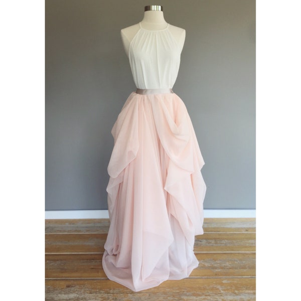 Asymmetrical bridal skirt, winter melon over champagne chiffon maxi skirt, wedding dress