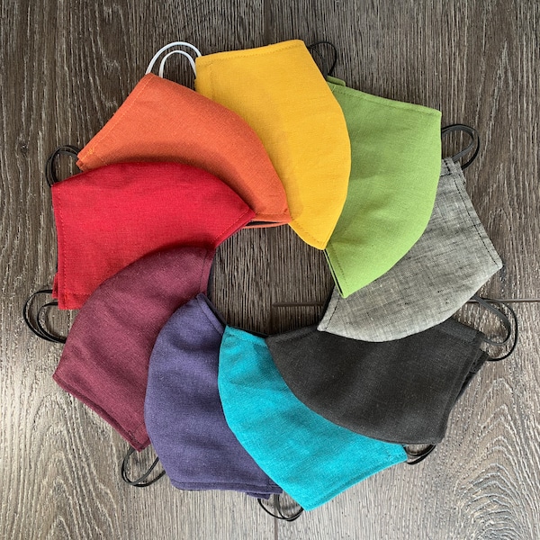 Fitted face mask- Linen, 9 color choices. Black, plum or gray. Face covering MADE IN USA. Washable Cloth Mask