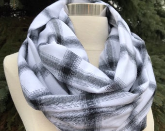 CLEARANCE- Black and white plaid flannel infinity scarf-tartan- checkered