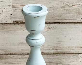 Distressed wooden taper candle holder, Sky blue wood candlestick, Spa blue home decor, Coastal farmhouse dining table decor,