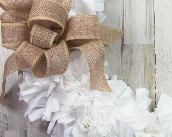 Shabby chic rag wreath, White fabric & burlap decorative front door wreaths, Neutral farmhouse entryway home decor, Housewarming gift ideas