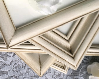 Rustic farmhouse photo frame set, Antique white wood picture frames, Vintage ivory wall gallery, Country home decor gift ideas