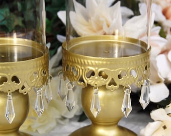 Ornate gold beaded candle holder set, Vintage style pillar candle holders, Fairytale wedding reception table centerpiece decorations