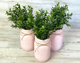 Pink painted mason jars, Farmhouse chic wedding table centerpiece decor, Shabby birthday party decorations, Boho baby shower supplies