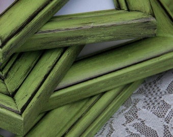 Wood picture frame set, Green wooden vintage photo frames, Country kids playroom wall collage gallery decor