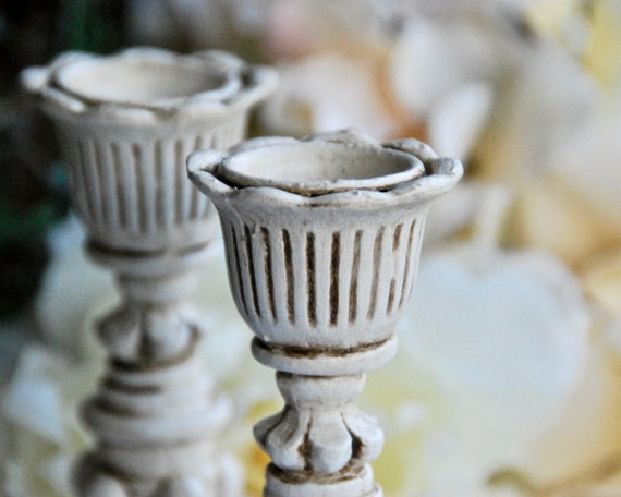Ornate small ivory candlesticks, Sweetheart table antique white candle holder set decor, Shabby cottage chic garden wedding reception decor Il_570xn