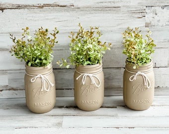 Brown painted mason jars, Coastal beach wedding decor for table centerpiece, Rustic farmhouse wedding reception decorations