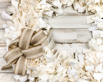 Farmhouse rag wreath, Antique white & ivory decorative fabric everyday door wreaths, Country entryway home decor, Housewarming gift ideas