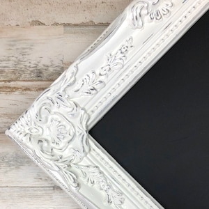 Shabby distressed chic chalkboard wedding decor, White framed ornate message menu board sign, Reception table decorations & supplies