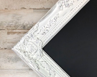 Shabby distressed chic chalkboard wedding decor, White framed ornate message menu board sign, Reception table decorations & supplies