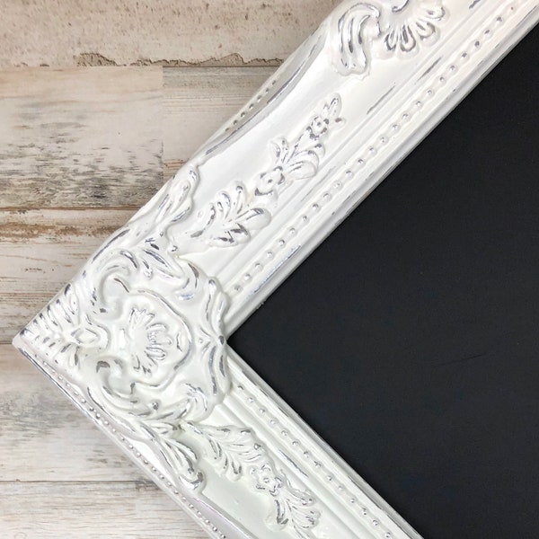 Shabby distressed chic chalkboard wedding decor, White framed ornate message menu board sign, Reception table decorations & supplies