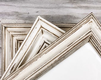 Rustic picture frame set, Antique white & brown distressed wood frames, Custom vintage wall collage gallery, Farmhouse home decor
